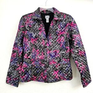 Chico's metallic Quilted Jacket Paisley Boho Pink reversible Black Full zip 0